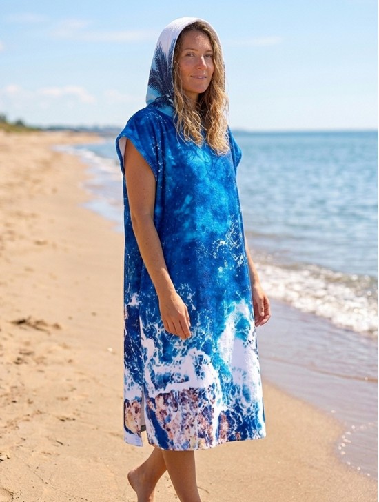 Ocean Waves Print Hoodie Robe